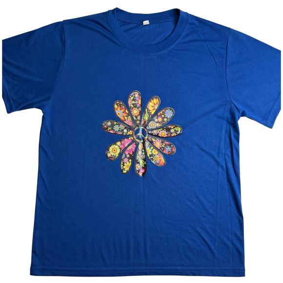 Blue Peace Sign Daisy Flower Power T-Shirt XL Hippie Retro Festival Tee - Picture 1 of 6
